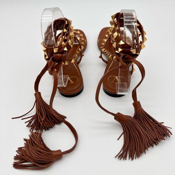 Valentino Garavani Rockstud Thong Sandals Brown Leather Gladiator Tie EU 38 US 8 - Picture 5 of 11